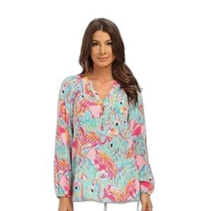 Lilly Pulitzer Elsa Blouse Women Size Small Pink Flamingo 100% Silk Long Sleeve
